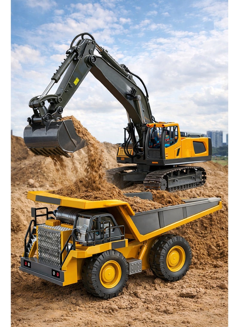 دائرة مربعة مجموعة ألعاب مركبات بناء بالتحكم عن بُعد – حفارة وشاحنة تفريغ مع حركة حفر وتحميل وتفريغ واقعية للأطفال - Image 1